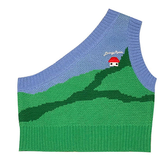 Cartoon One-Shoulder Knit Vest - S / Green/blue