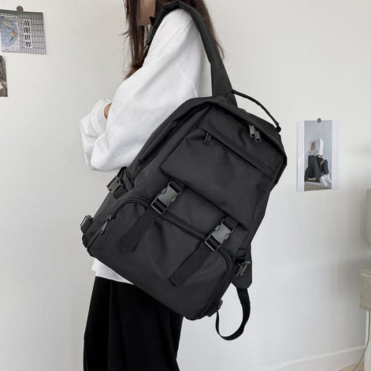 Casual Black Pure Color Backpack - One Size