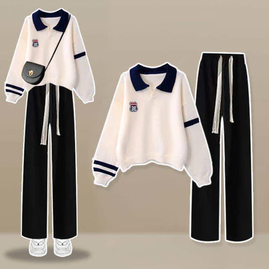 Casual Lapel Stripe Sweater Pants Set - Apricot / M