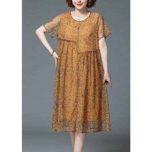 Casual Yellow O-Neck Print Patchwork Tulle Long Dresses