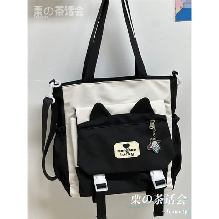 Cat Ear Two Tone Tote Bag / Charm / Set - Black / One Size