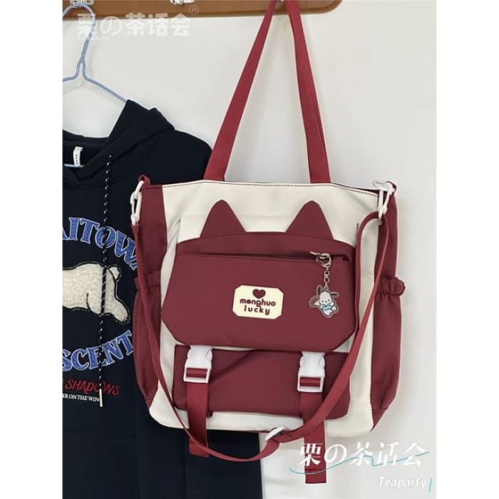 Cat Ear Two Tone Tote Bag / Charm / Set - Red / One Size