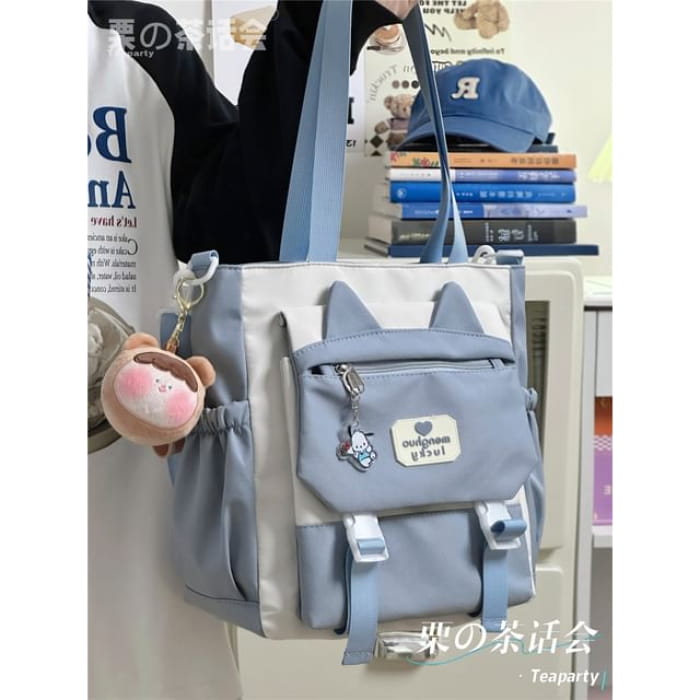 Cat Ear Two Tone Tote Bag / Charm / Set - With Bear Head