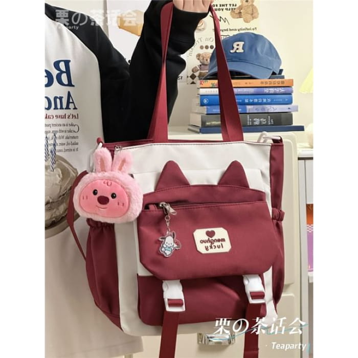 Cat Ear Two Tone Tote Bag / Charm / Set - With Rabbit - Red