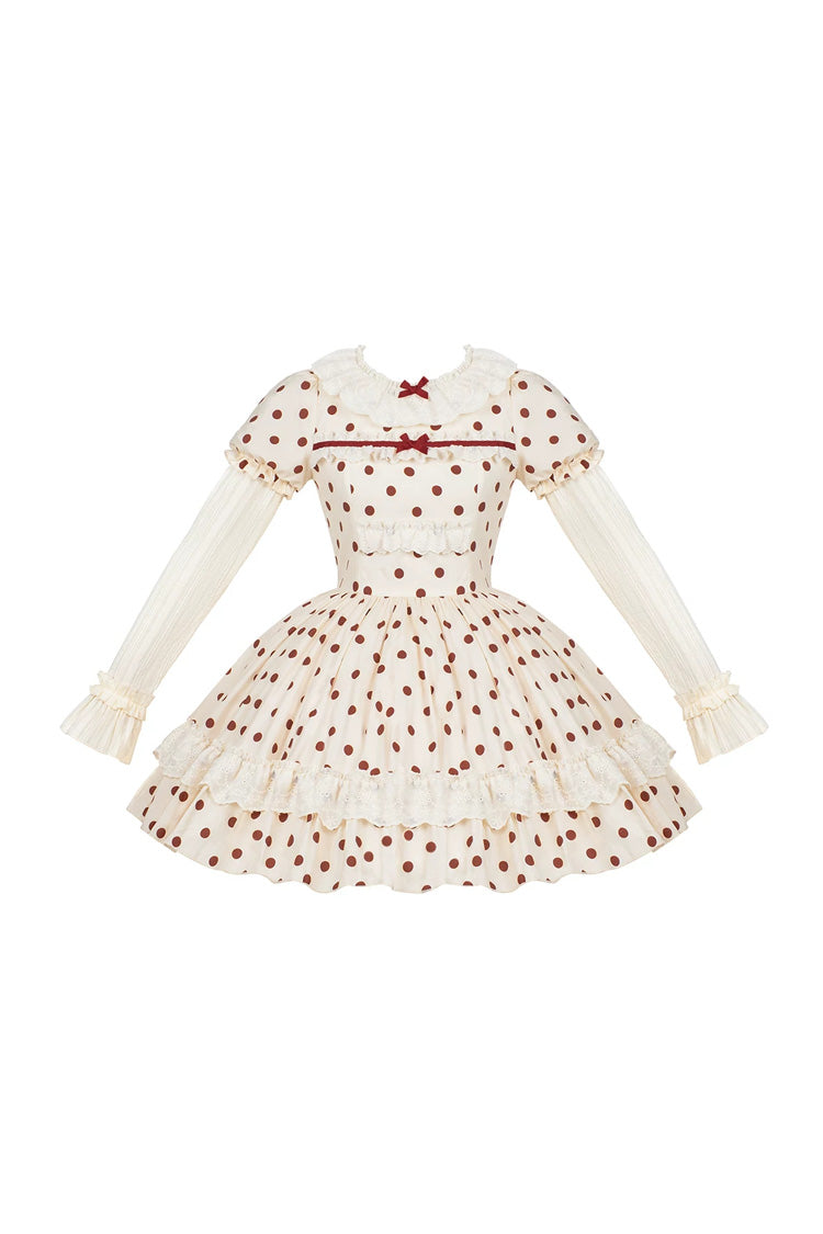 Apricot Sweet Elegant Lolita Dress with Cotton Round Collar Long Lantern Sleeves Polka Dot Print Ruffled Bow Lace
