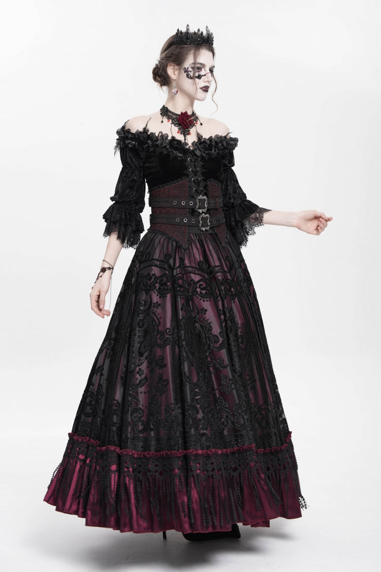 Scarlet Jacquard Embroidered Long Gothic Skirt with Buckle and Tassels