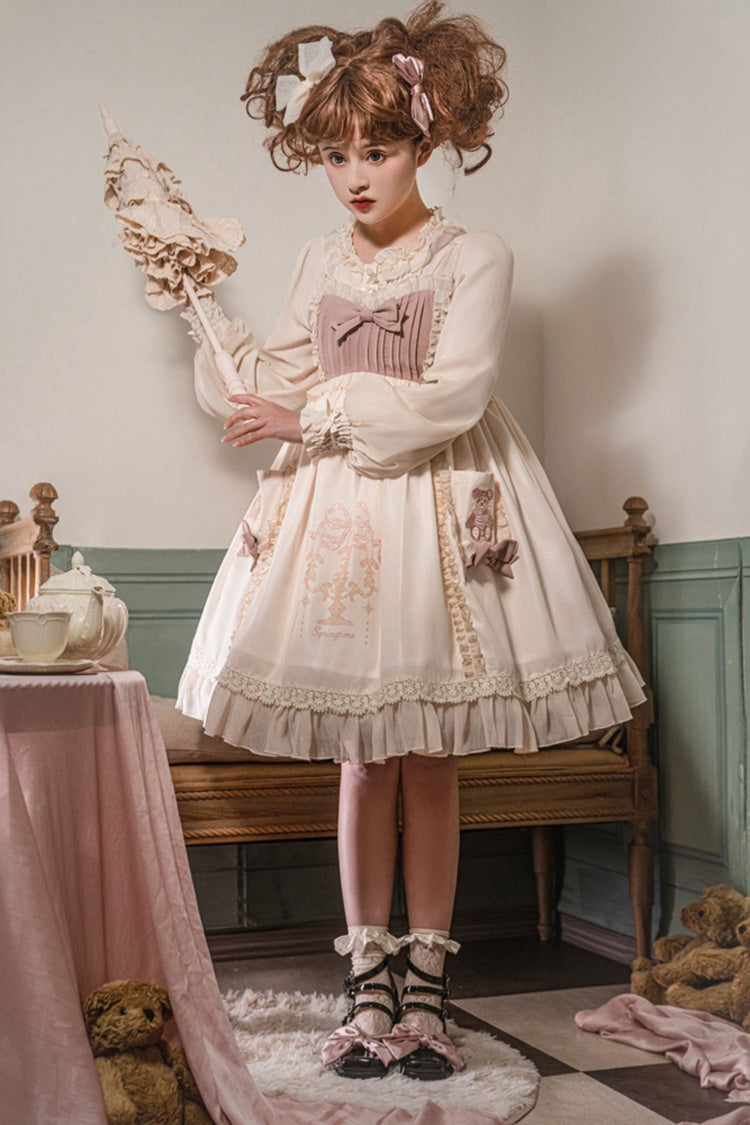 White & Pink Sleeveless Good Night Bear Print Cute Lolita Dress