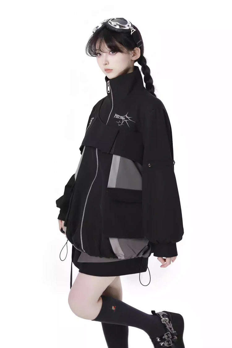 Black Techwear Zip Spliced Gothic Jirai Kei Skirt & Coat Set