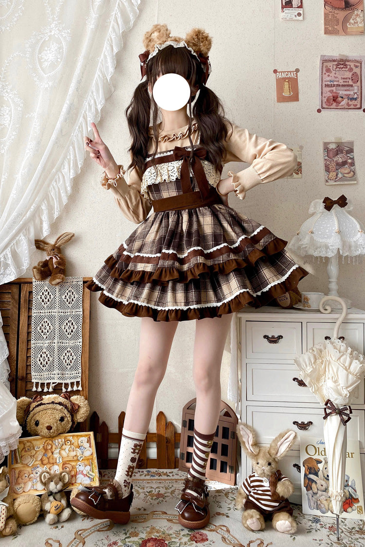 Cocoa Sleeveless Double-Layered Plaid Ruffle Bow Lace Sweet Lolita JSK