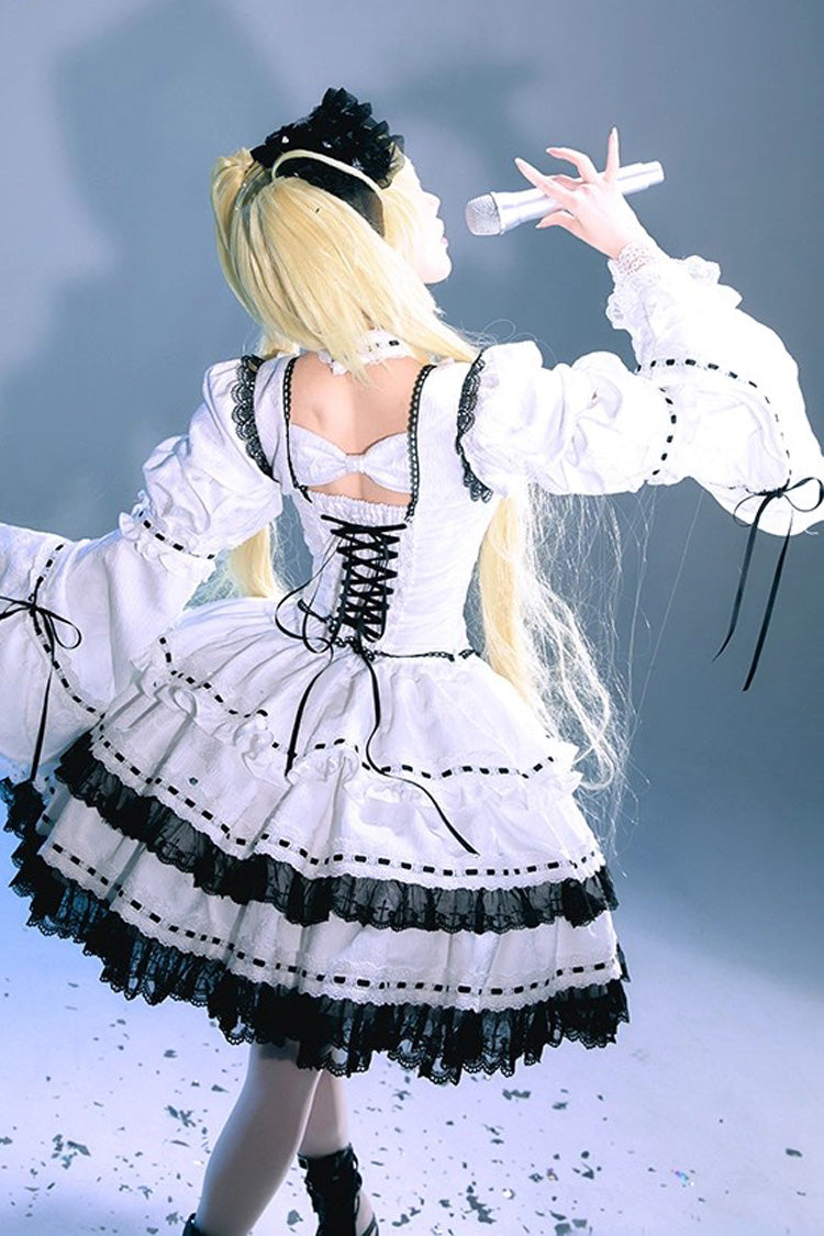 White Long Trumpet Sleeve Double-Layered Ruffled Bow Lace-Up Gothic Skirt Set