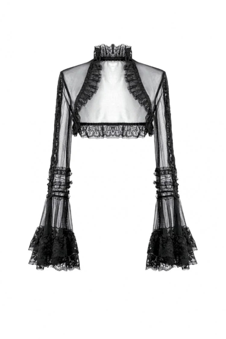 Gothic Sheer Mesh Black Lace High-Collar Flared Long-Sleeve Dramatic Cape