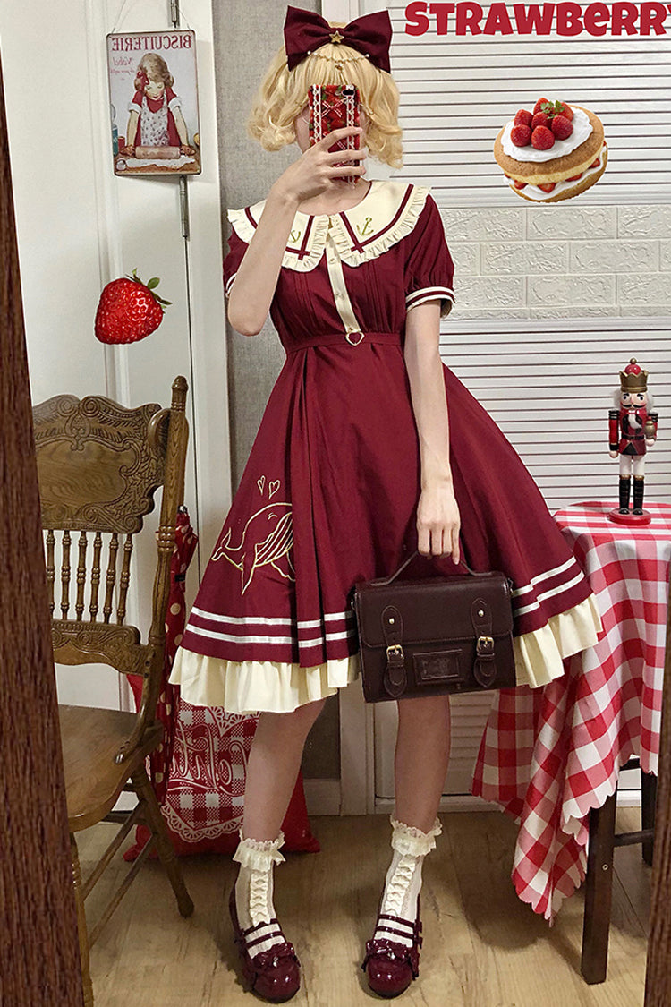 Navy Sailor Short Sleeve Sweet Lolita Dress with Whale Print