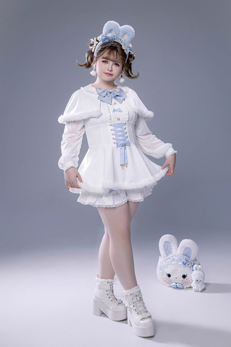 Ivory Ruffled Bow Lace-Up Jirai Dress with Plush Shorts