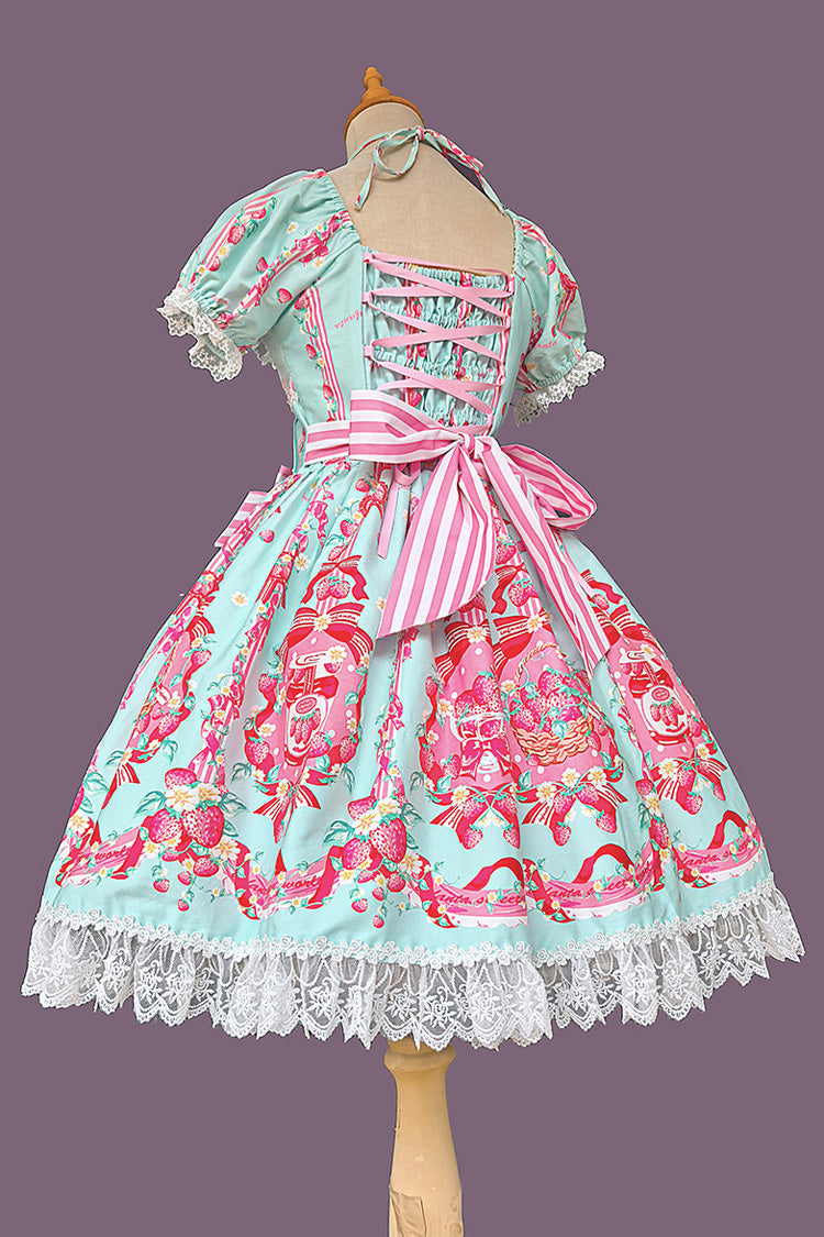 Printed Bowknot Lace Sweet Dress with Short Sleeves - Strawberry Chef