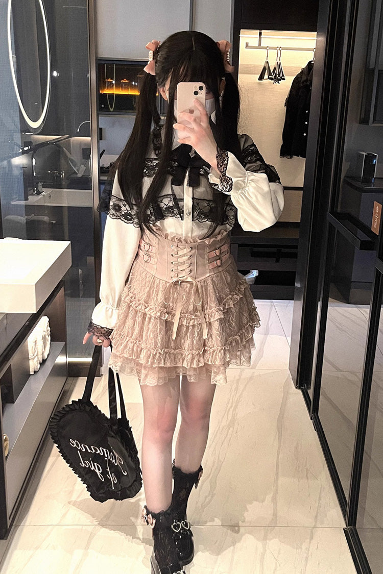 Jirai Kei Blouse with Hollow Lace and Long Sleeves - Mist Veil, 3 Tones