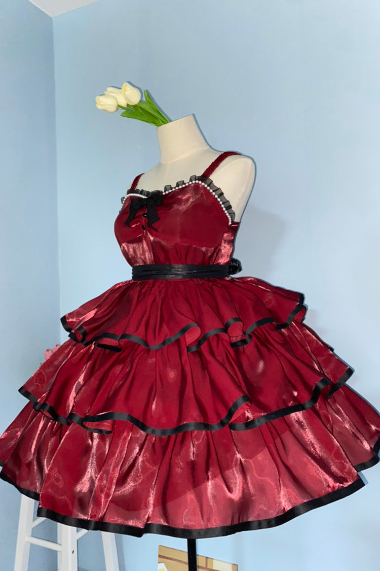Gothic Sleeveless JSK with Contrasting Rose Hues and Wide Tiered Skirt in 3 Colorways
