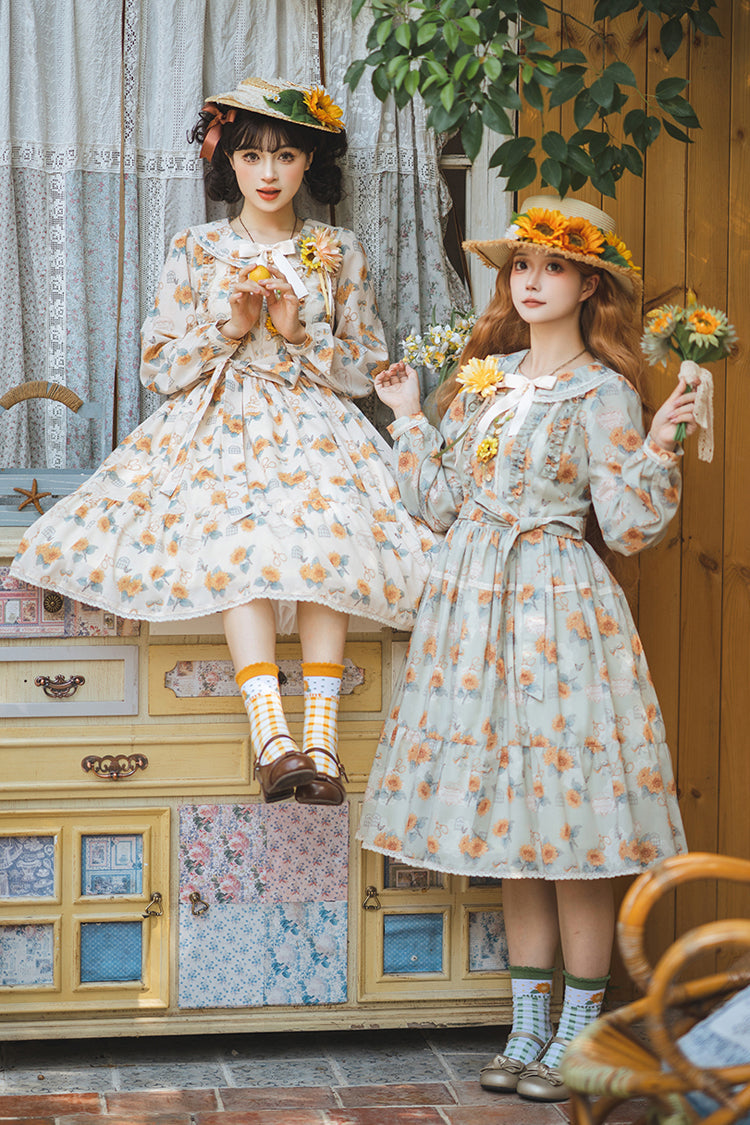 Apricot Sweet Elegant Lolita Dress with Long Sleeves Print Ruffles and Bowknot Accents