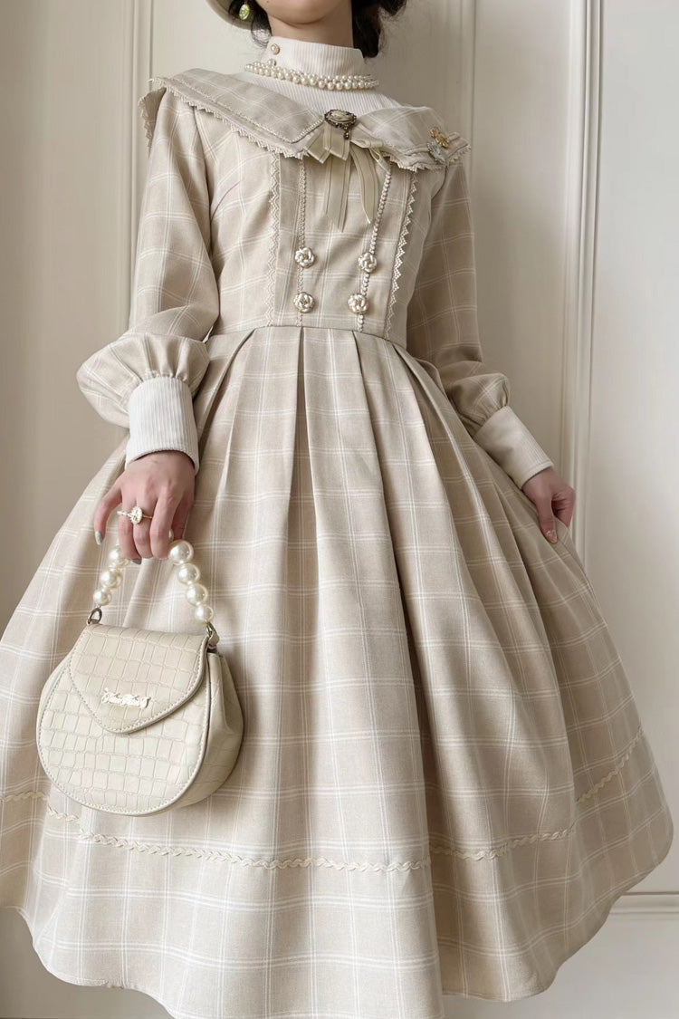 Apricot Elegant Sweet Lolita Dress with Long Sleeves Plaid Print and Bowknot Accents