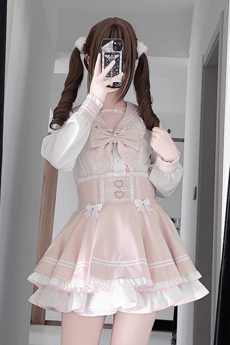 Ivory and Pink Snow Rose Navy Collar Long Sleeve Triple-Layer Ruffled Bow Sweet Jirai Kei Skirt Set