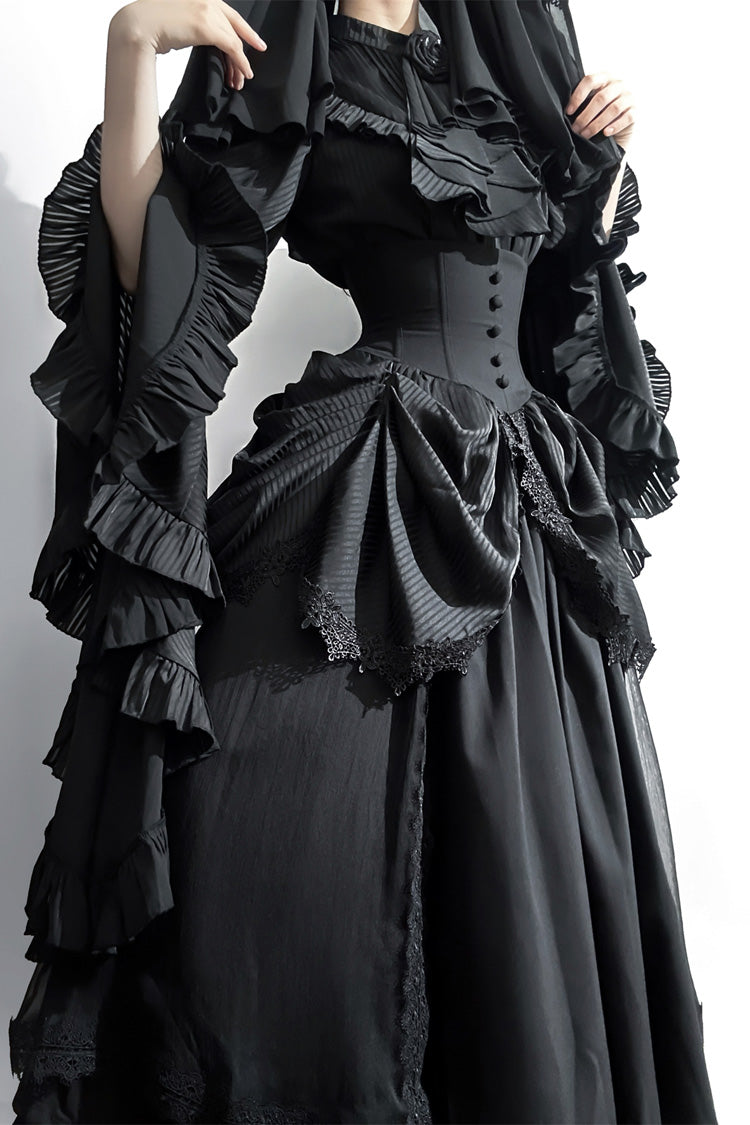 Black Sleepwalking Long Hime Sleeves Stitching Lace Plus Size Elegant Gothic Skirt Set