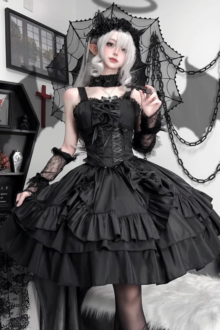 Triple-Layered Lace-Up Gothic Skirt Set in Black