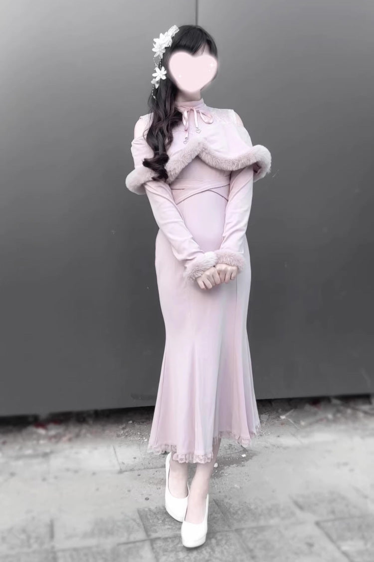Jirai Kei Stand Collar Off Shoulder Long Sleeves Embroidered Lace Sweet Japanese Fishtail Dress 2 Colors