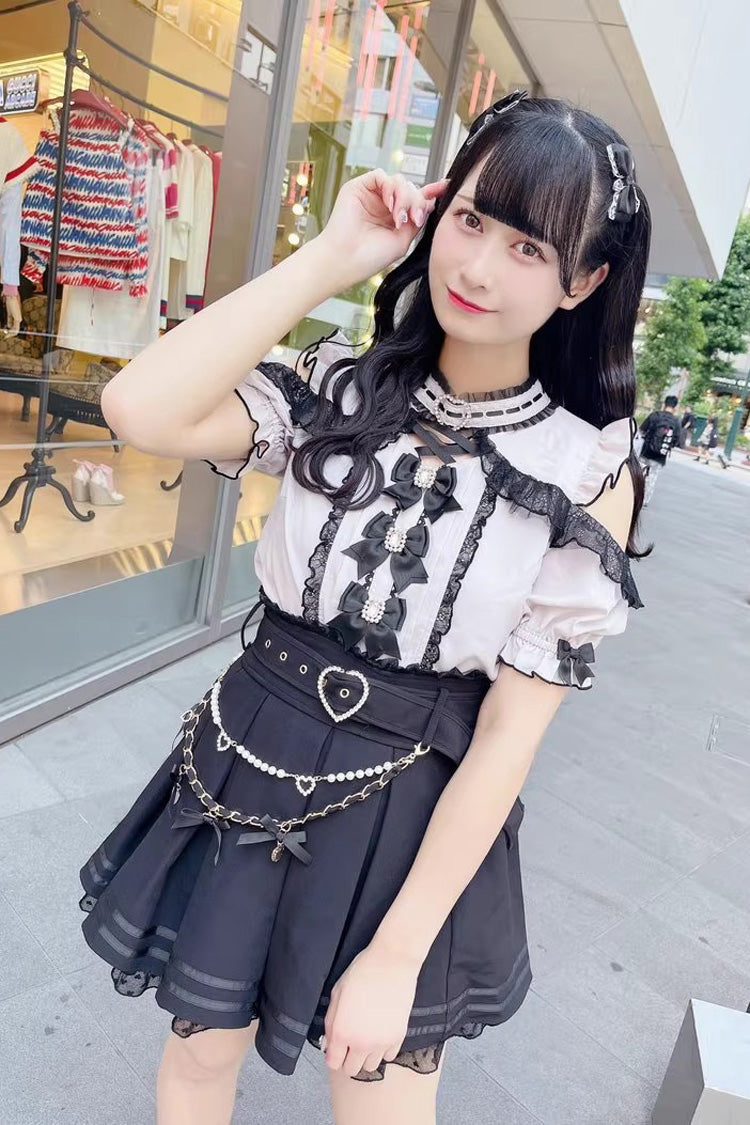 Pretty Heart-Belt Printed Ruffled Pearl and Chain Decorated Plus-Size Pleated Skirt