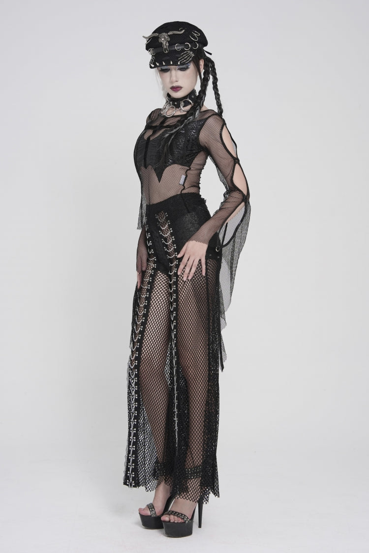 Noir Crewneck Long-Sleeve Sheer Eyelet Punk Bat Cross Mesh Tee for Women