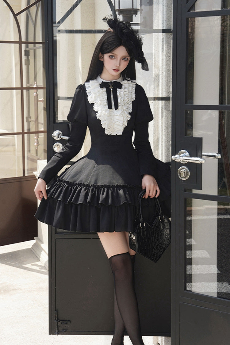 Black Miss Weir Stand Collar Long Sleeved Double-Layered Ruffled Gothic Dress