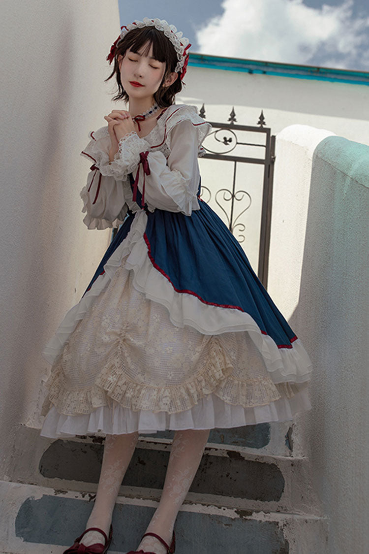 Blue and White Sweet Lolita Cardigan with Bowknot and Long Sleeves