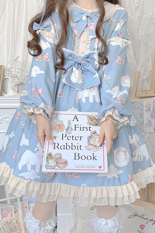 Sweet Lolita OP Dress with Sheep Print and Lantern Sleeves
