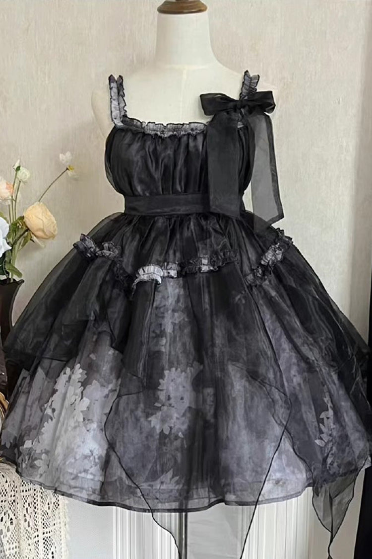 Black Mandarin Collar High-Waist Dead Leaf Print Tulle Gothic Lolita JSK
