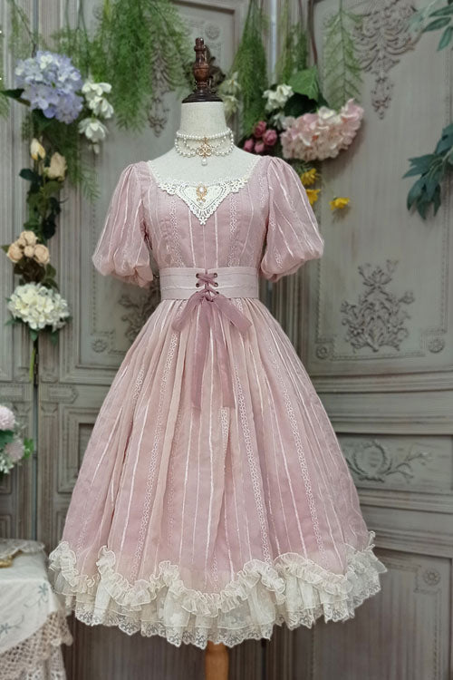 Pink Square-Collar Short-Sleeve Ruffled Vintage Lolita OP Dress