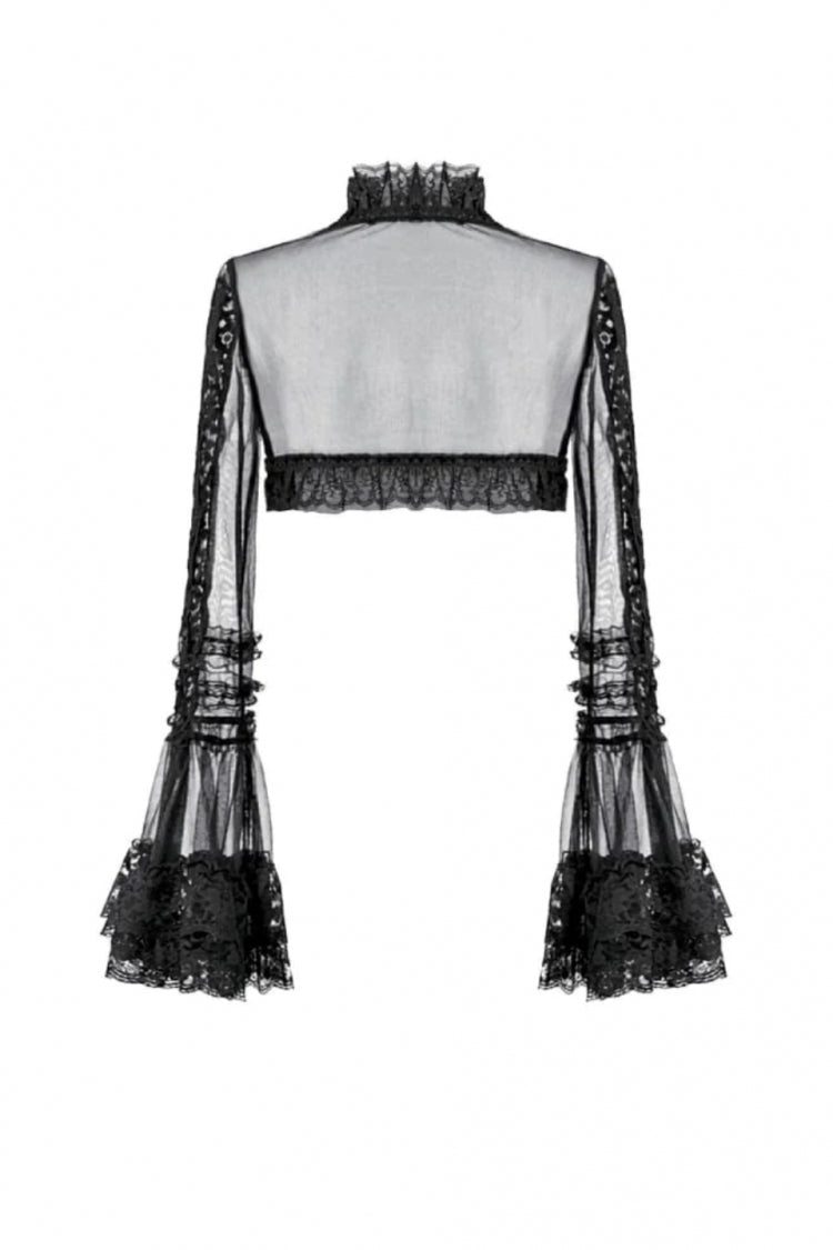 Gothic Sheer Mesh Black Lace High-Collar Flared Long-Sleeve Dramatic Cape