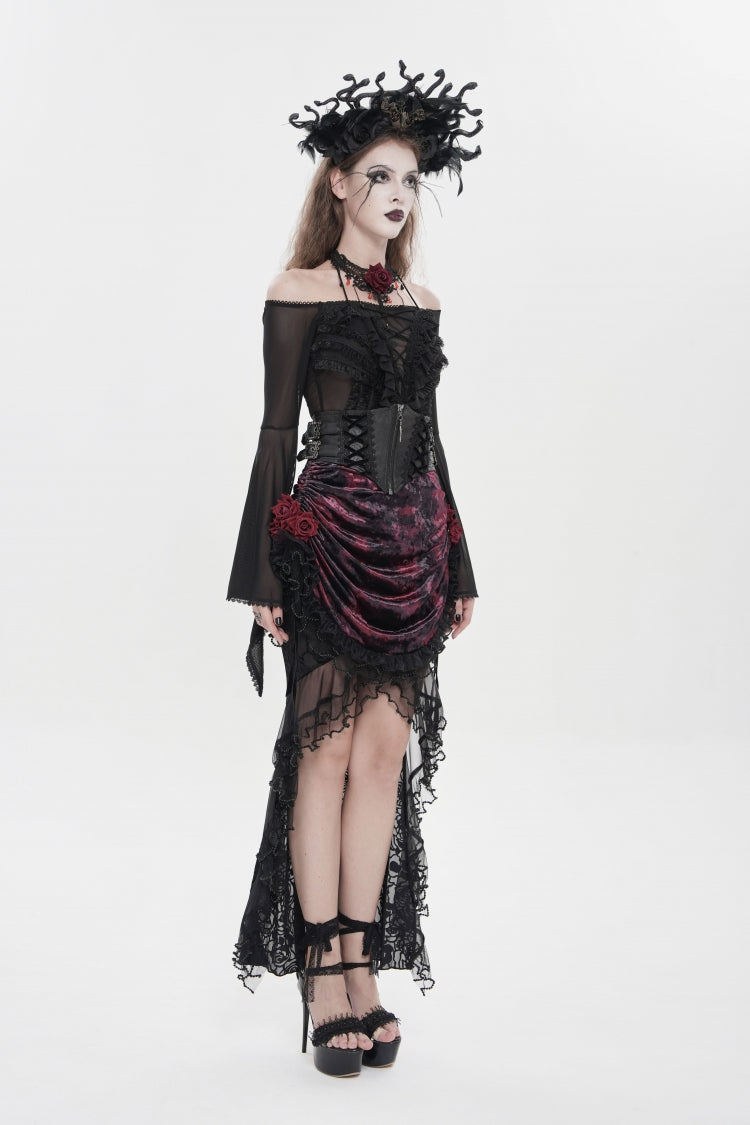 Crimson & Noir Embroidered Rose Lace-Up Asymmetric Hem Gothic Skirt