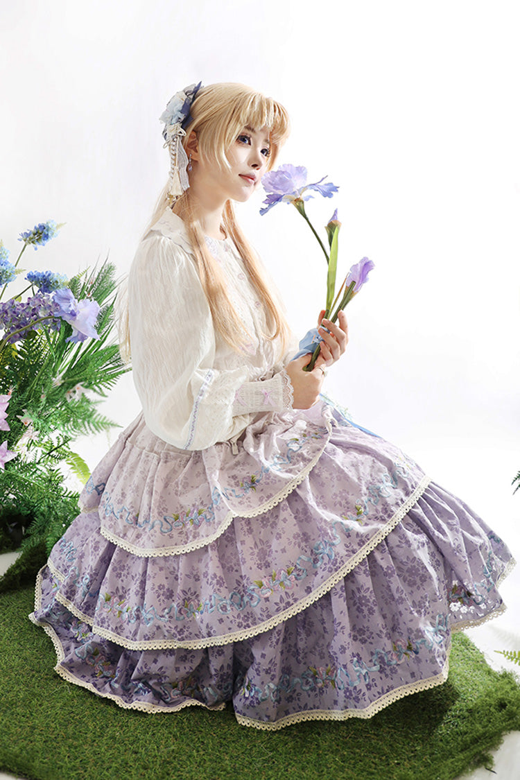 Violet Moonlight Iris Triple Layer Printed Ruffled Lace Lolita Skirt