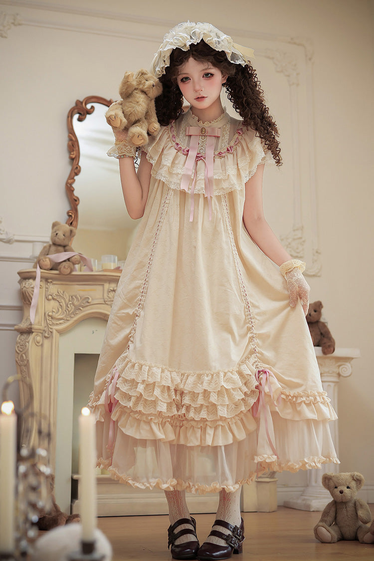 Apricot Sweet Lolita Dress with Stand Collar Short Sleeves Loose Doll-Like Ruffled Bow Lace