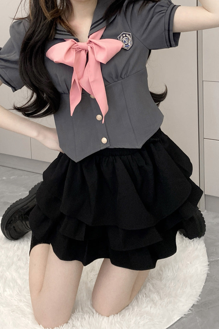 Sweet College Style Skirt Set with Ruffle Bowknot