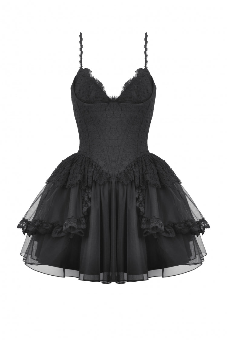 Lace Trimmed Lace-Up Gothic Party Slip Dress with V-Neck