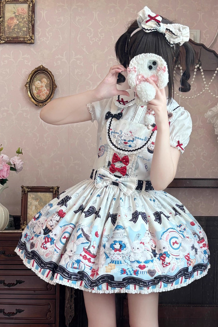 Sleeveless Print Bowknot Lace Sweet Lolita Strap Dress Beige