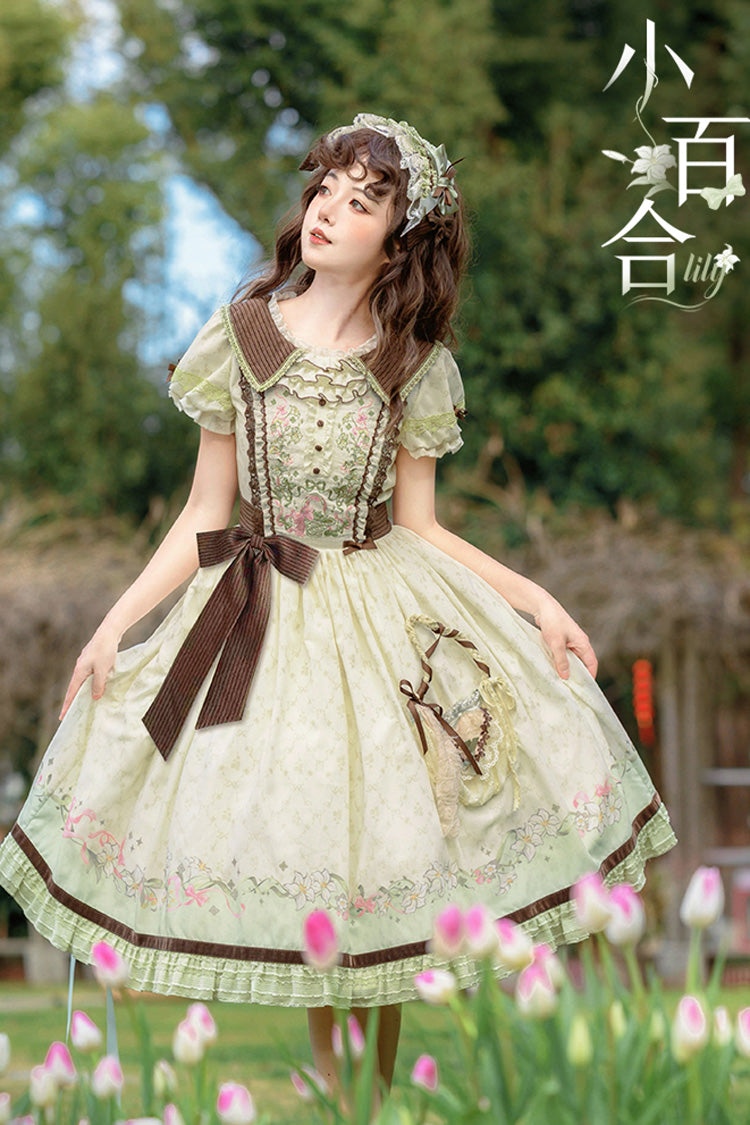 Green Ivory Lily Short Sleeve Print Ruffle Embroidery Bow Lace Sweet Dress