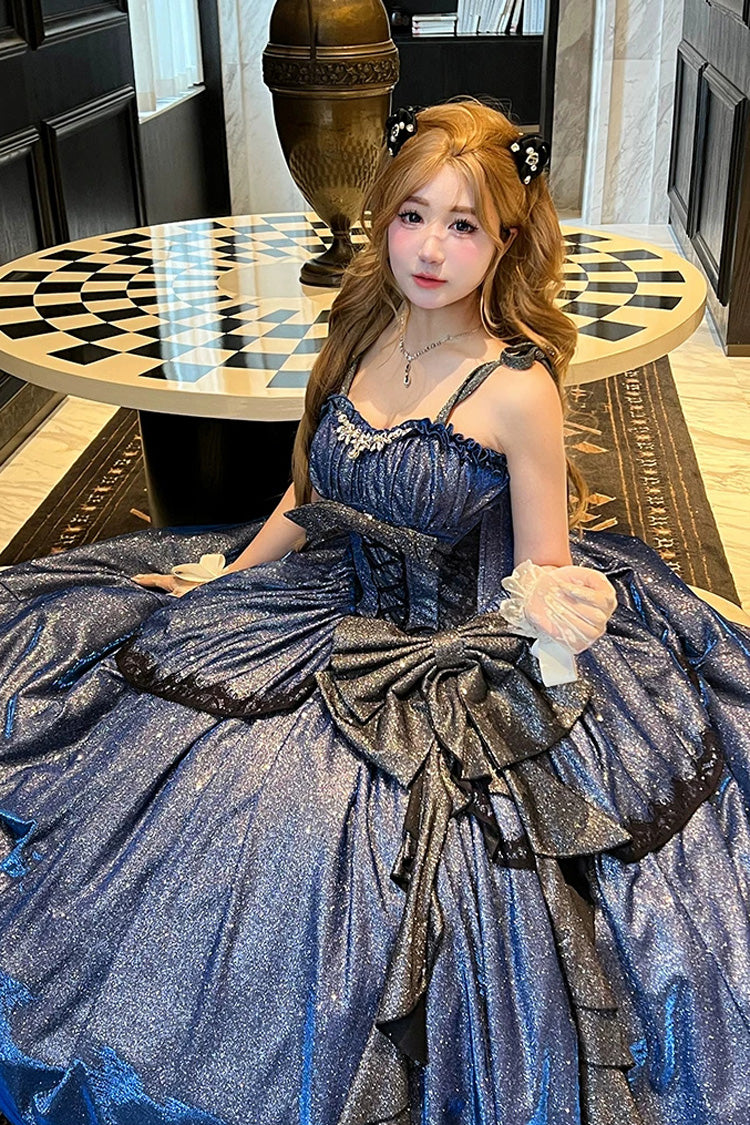 Sweet Lolita JSK Dress with Ruffled Bow and Asymmetric Cut - Blue