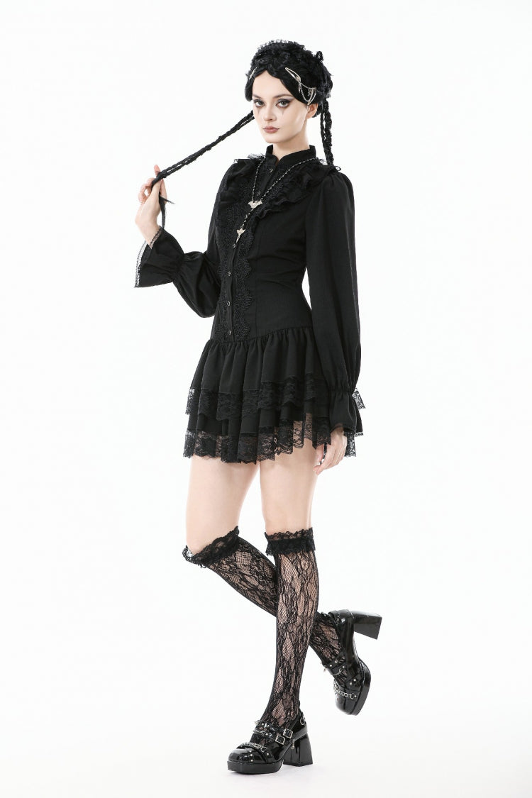 Jet-Black Lace-Up Dress with Bishop Sleeves and Layered Hem
