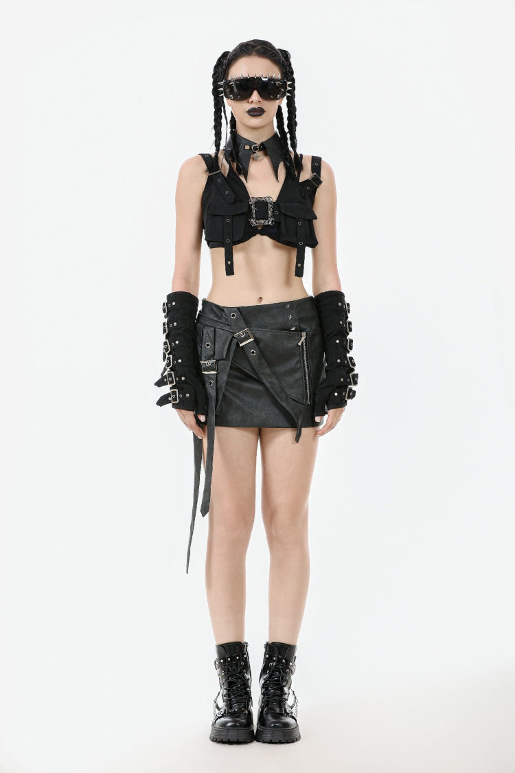 Functional Black Buckled Halter Punk Utility Vest