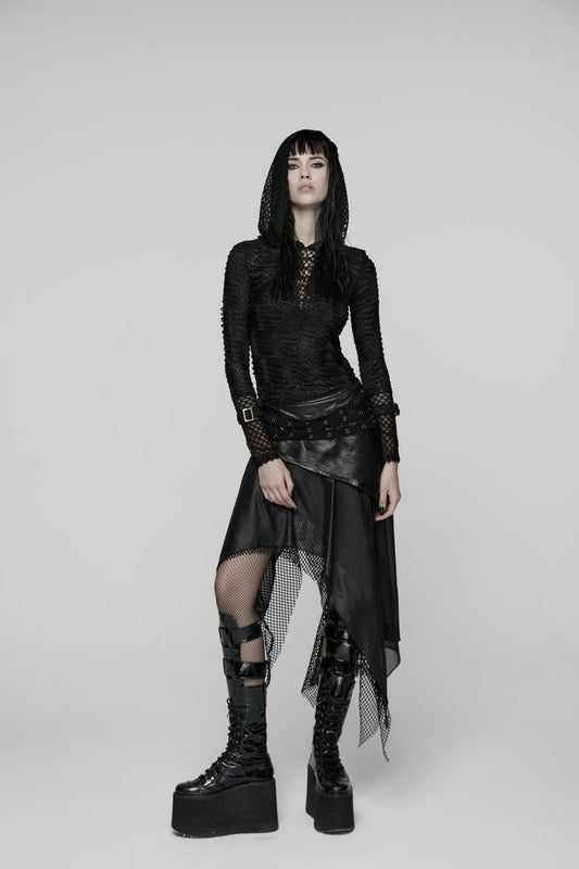 Punk Wasteland Skirt with Irregular Eyelet & Double-Layered Design