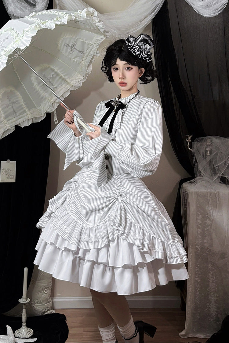 Ivory Manor Point Striped Ruffle Hem Bow Gothic Skirt