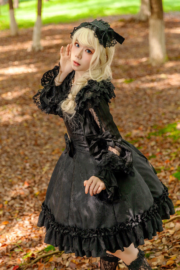 Floral Canon Round Collar Sleeveless Jacquard Printed Ruffled Bow Gothic Lolita Jsk Dress - Black