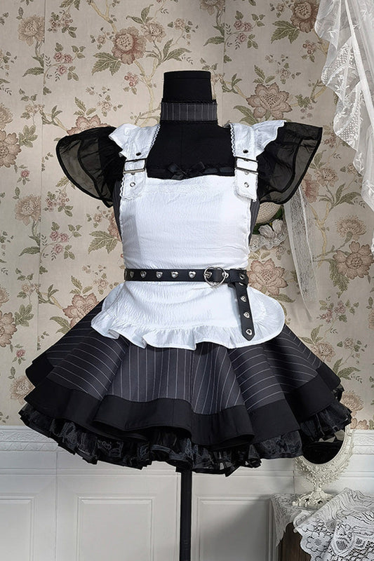 Grey Striped Ruffled Bow Gothic Japanese Maid Lolita Dress