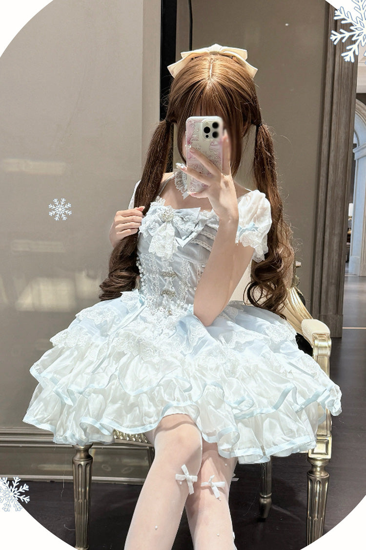 Ice Dance White Blue Short Sleeves Multi-Layered Ruffle Embroidery Bowknot Lace Sweet Dress