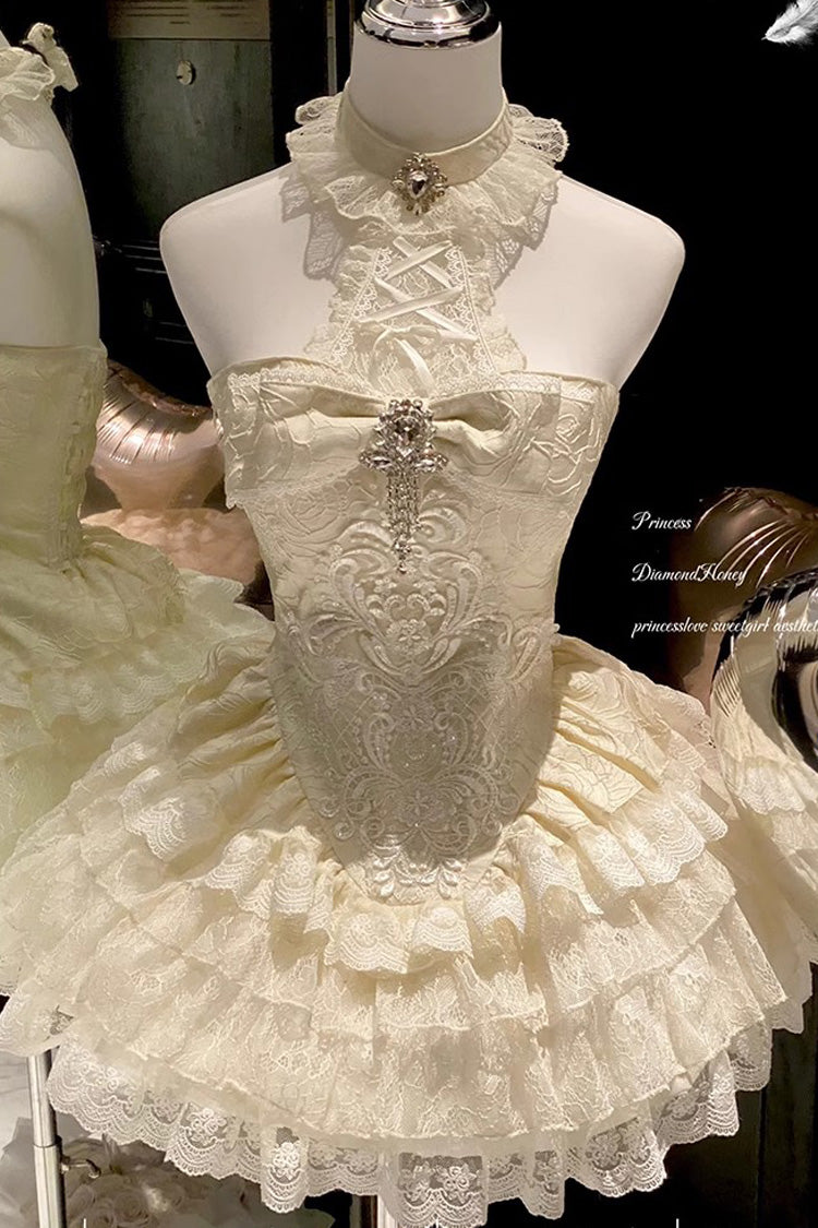 Ivory Halter Ruffled Bow Lace Princess Lolita Gown